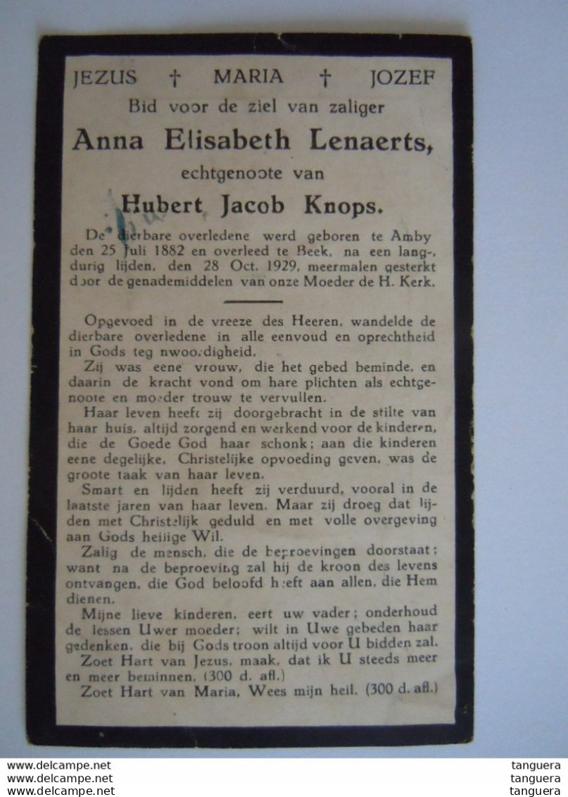 Doodsprentje Anna Elisabeth Lenaerts Amby 1882 Beek 1929 Echtg Hubert Jacob Knops Christus Art-deco - Santini