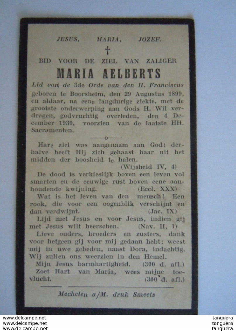 Doodsprentje Maria Aelberts Boorsheim 1899 1930 Lid Derde Orde - Santini