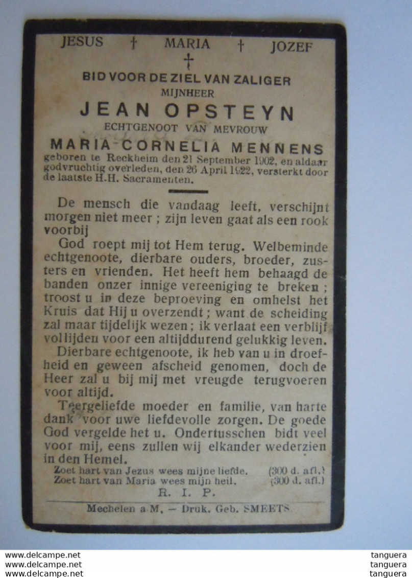 Doodsprentje Jean Opsteyn Reckheim 1902 1922 Echtg Maria Cornelia Mennens - Santini