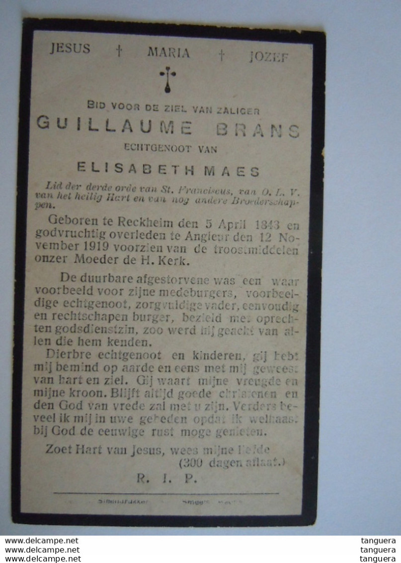 Doodsprentje Guillaume Brans Reckheim 1843 Angleur 1919 Lid Derde Orde Echtg Elisabeth Maes - Devotion Images