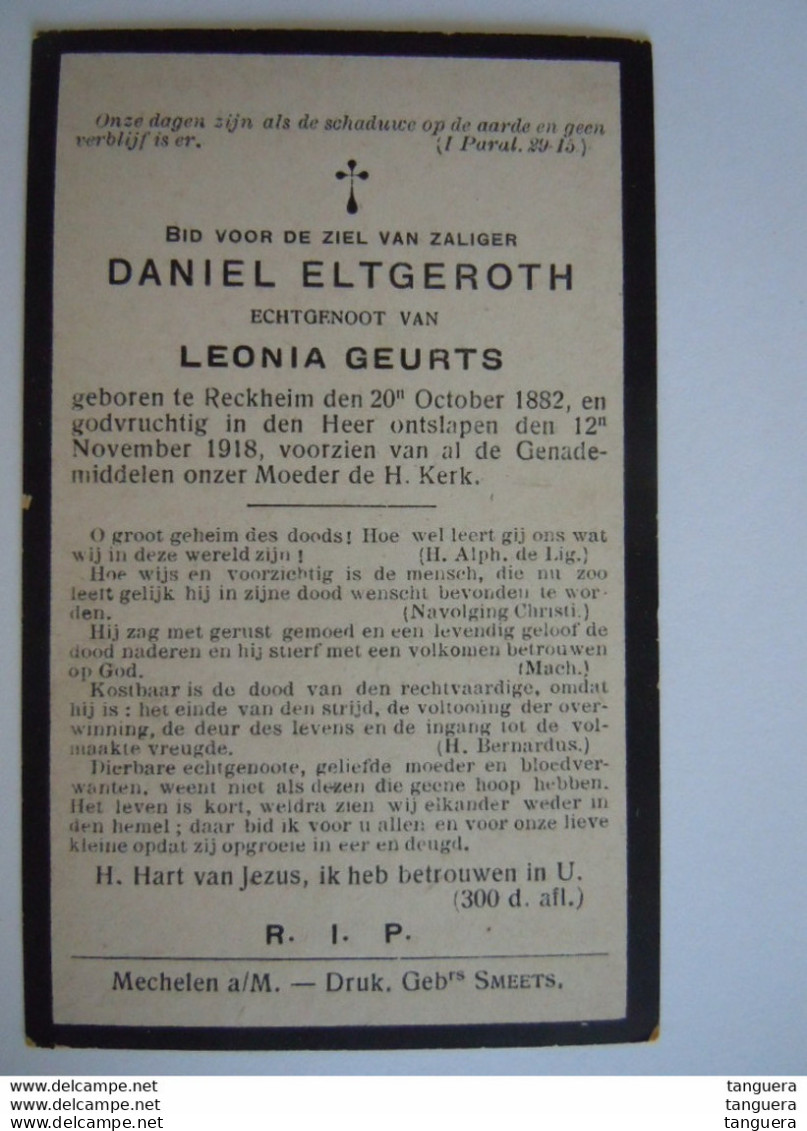 Doodsprentje Daniel Eltgeroth Reckheim 1882 1918 Echtg Leonia Geurts - Devotieprenten