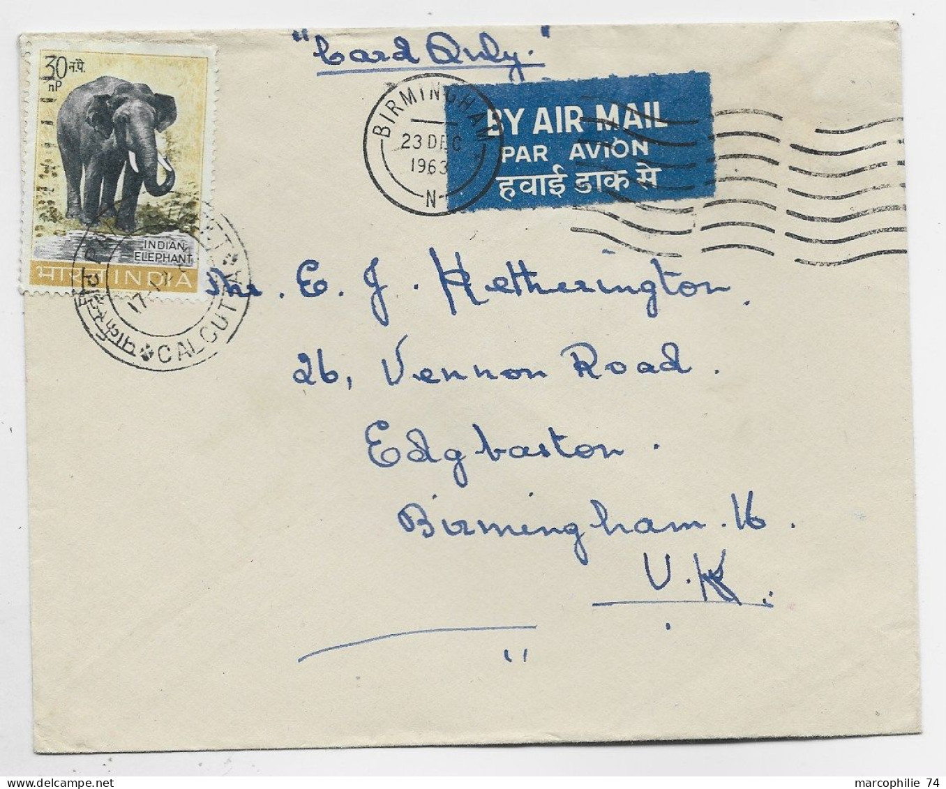 INDIA ELEPHANT 30 NP SOLO LETTRE COVER AIR MAIL CALCUTTA 1963 TO ENGLAND - Lettres & Documents