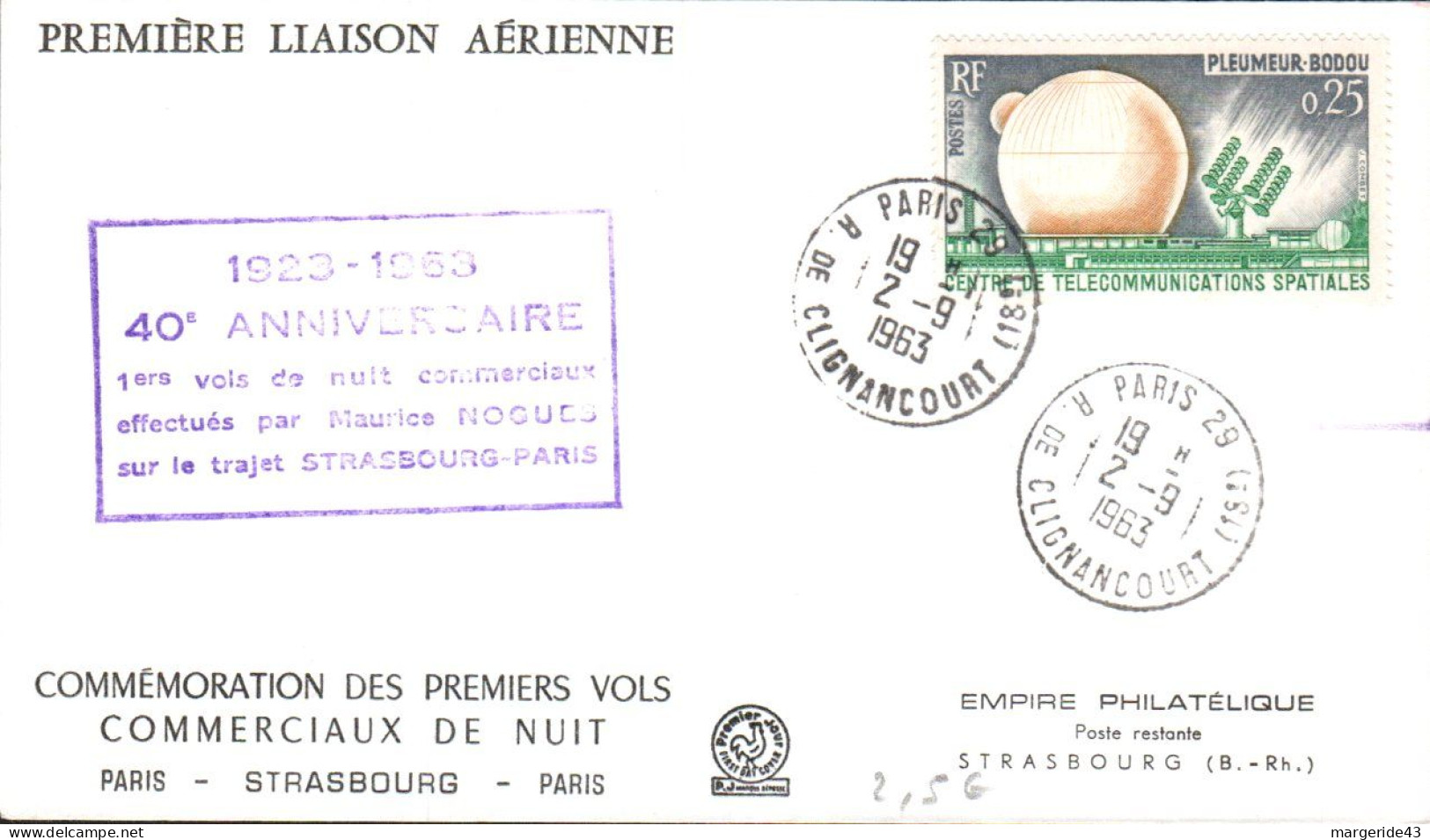 40 ANS PREMIERS VOLS DE NUIT COMMERCIAUX STRASBOURG-PARIS PAR MAURICE NOGUES 1963 - Avions