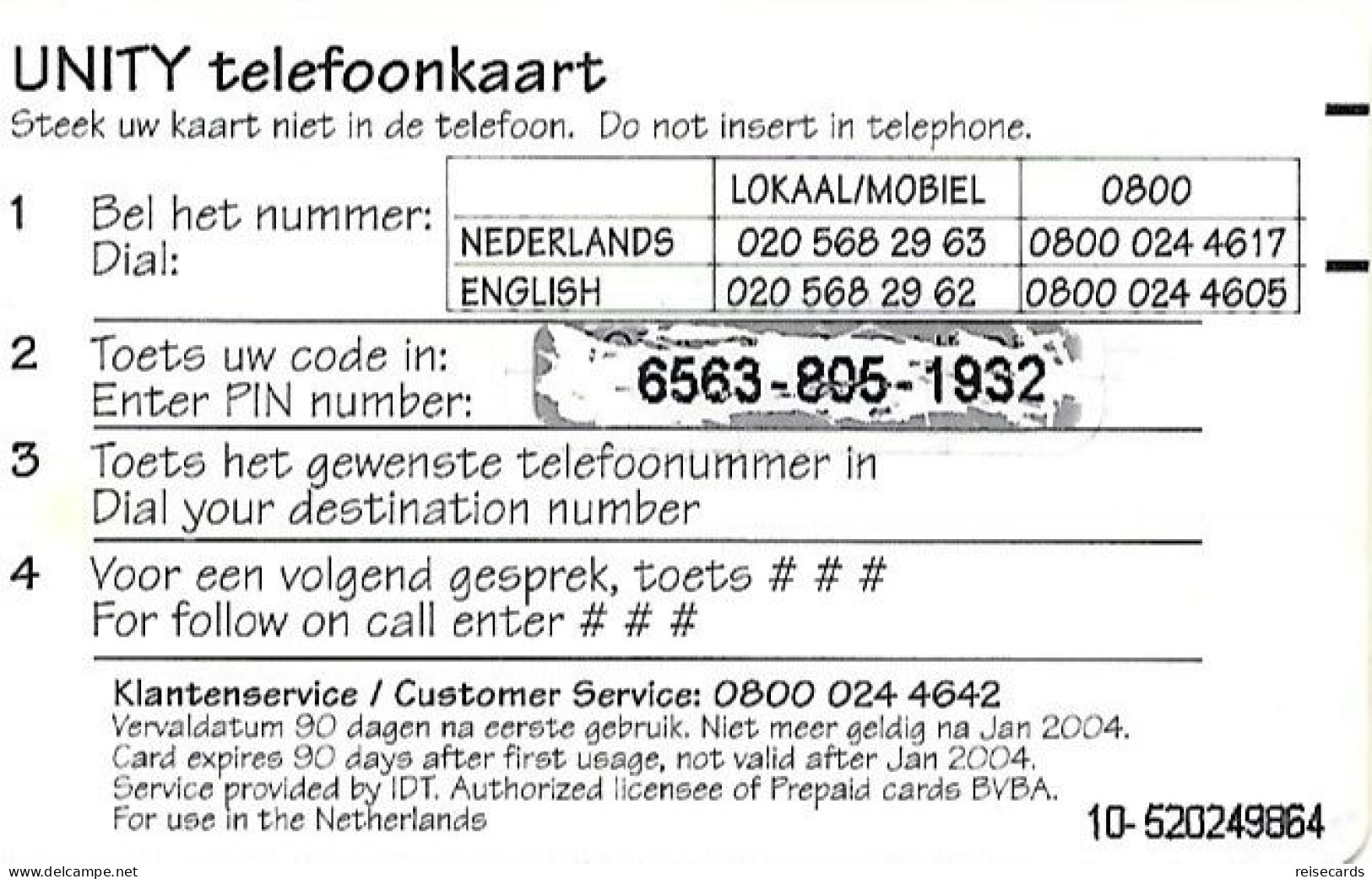 Netherlands: Prepaid IDT - Unity 01.04 - Cartes GSM, Prépayées Et Recharges
