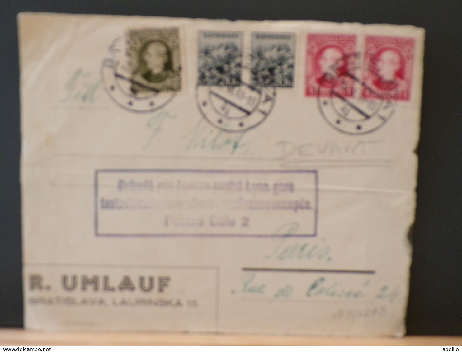 107/027B  LETTRE SLOVENSKO POUR PARIS 1941 CACHET REFOULE FAUTE COMM. FRANCE OCCUPEE - Covers & Documents