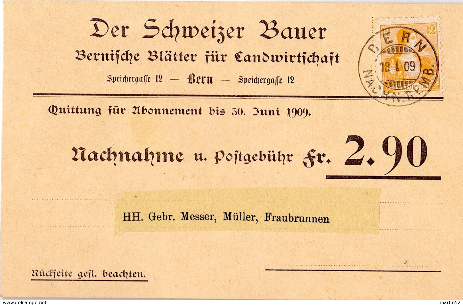 Schweiz Suisse Helvetia 1909: NN-Karte "Der Schweizer Bauer" Zu 105 Mi 99 Yv 117 Mit ⊙ BERN 18.I.09 (Zumstein CHF 15.00) - Agriculture