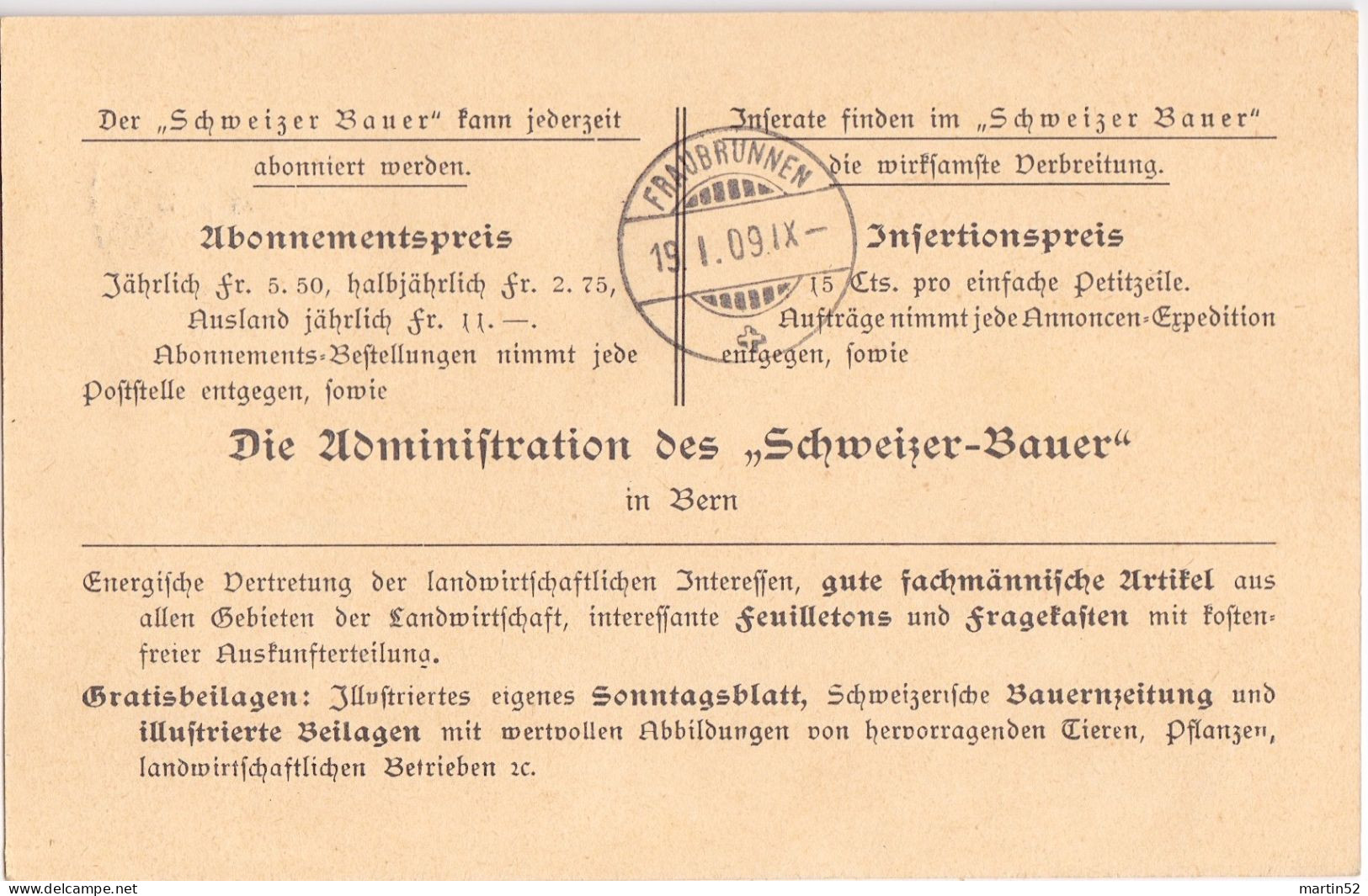 Schweiz Suisse Helvetia 1909: NN-Karte "Der Schweizer Bauer" Zu 105 Mi 99 Yv 117 Mit ⊙ BERN 18.I.09 (Zumstein CHF 15.00) - Agriculture