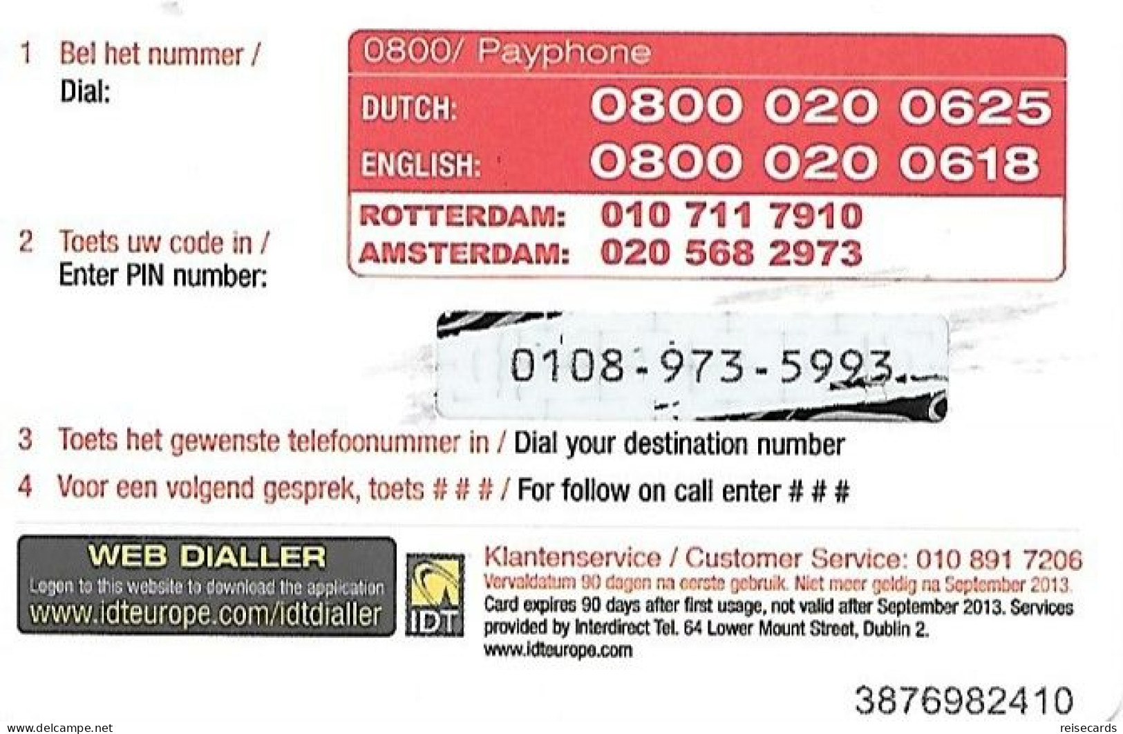 Netherlands: Prepaid IDT - Top Card 09.13 - Cartes GSM, Prépayées Et Recharges