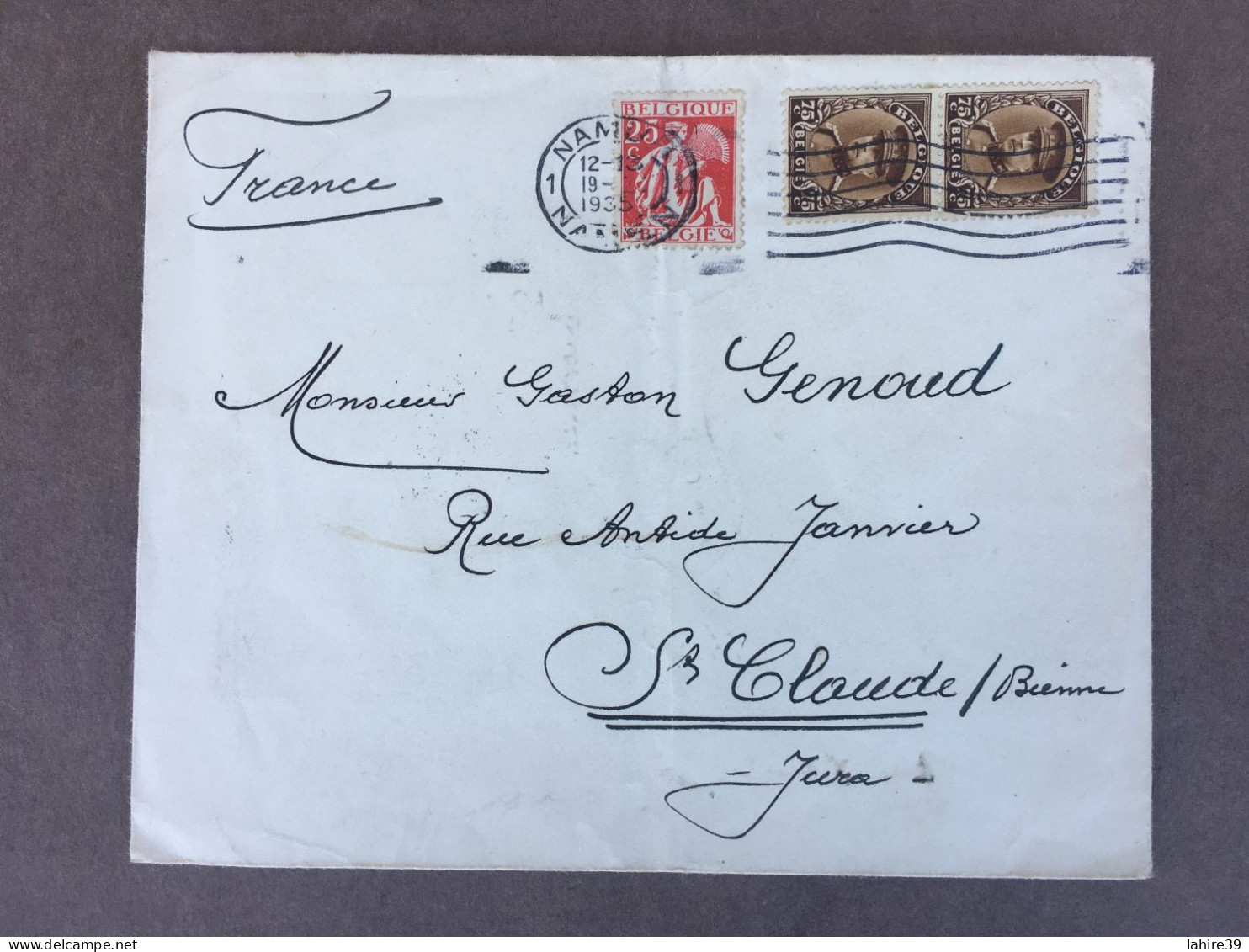 Enveloppe Timbrée / Belgique / Namur / Pour Saint Claude / Jura / 1935 - Cartas & Documentos