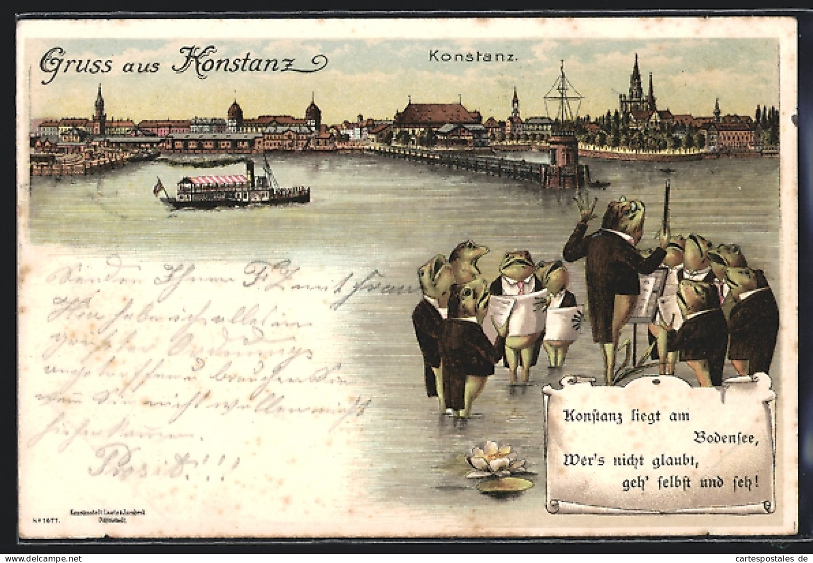 Lithographie Konstanz, Froschkonzert Am Bodensee, Dampfer Fährt In Den Hafen Ein Um 1900  - Konstanz