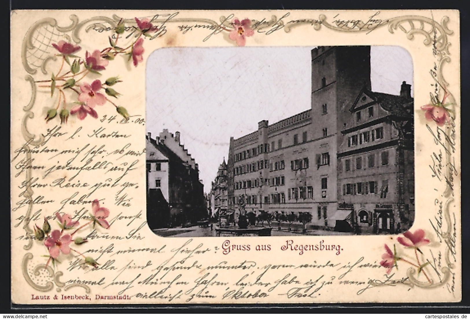 AK Regensburg, Strassenpartie Mit Geschäften Und Brunnen, Passepartout  - Regensburg