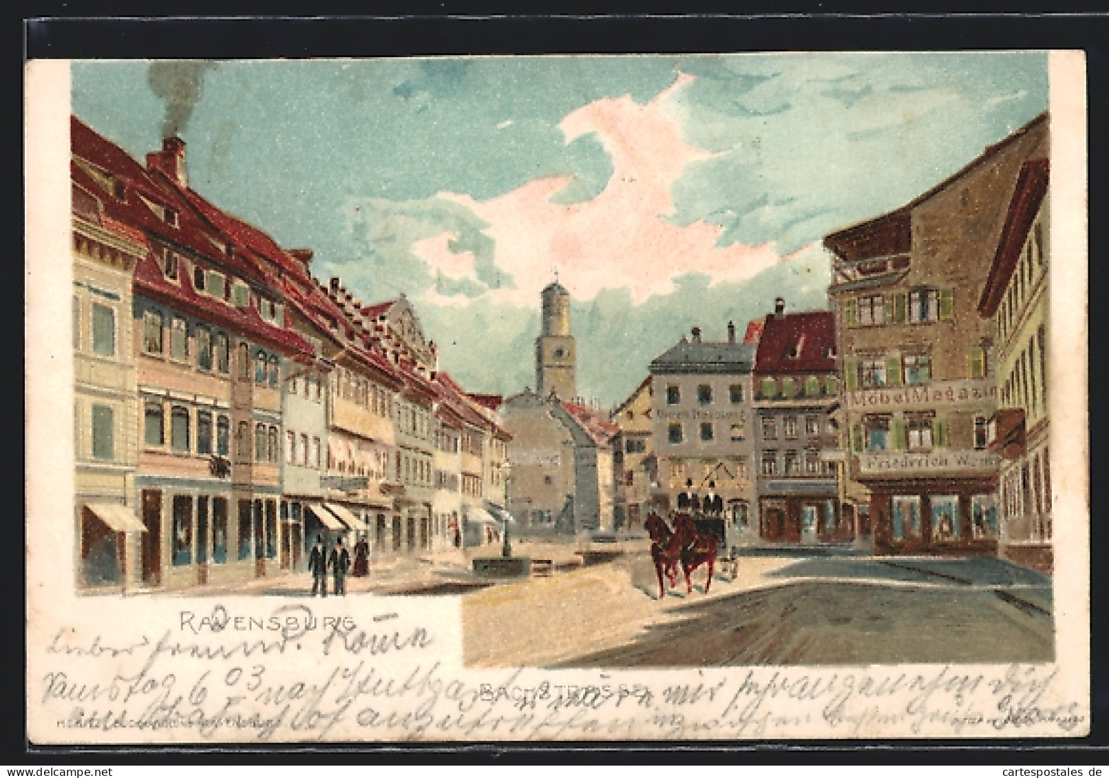 Lithographie Ravensburg / Württ., Bachstrasse Mit Möbel-Magazin  - Ravensburg