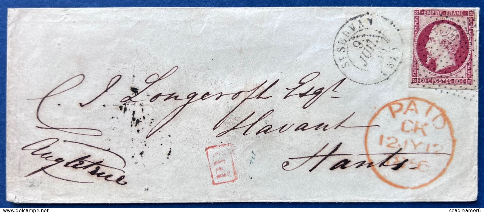 Lettre Napoleon N°17 80c Carmin Oblitéré Rouleau De Pointillés + Càd T15 De ST SERVAN Pour HAVANT ANGLETERRE - 1853-1860 Napoléon III