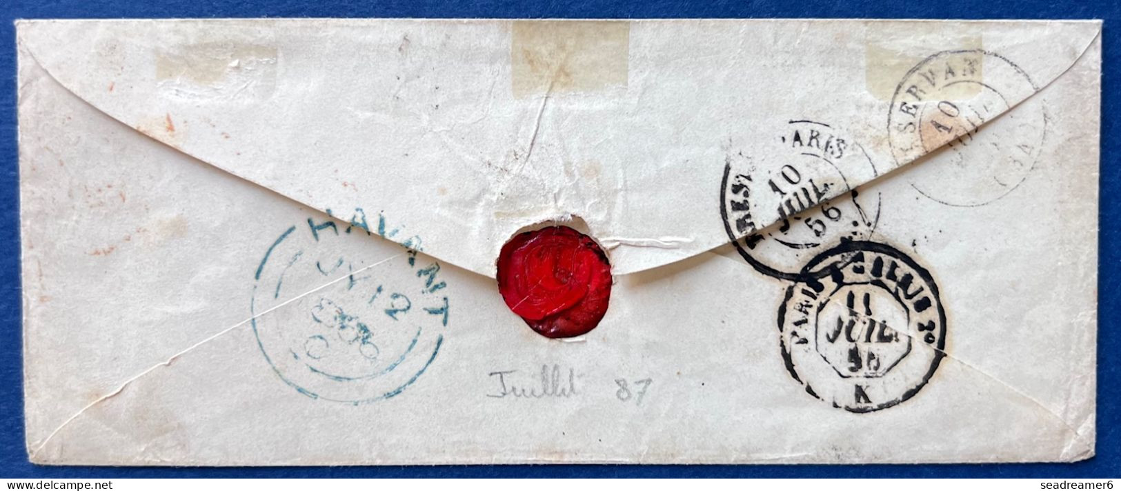 Lettre Napoleon N°17 80c Carmin Oblitéré Rouleau De Pointillés + Càd T15 De ST SERVAN Pour HAVANT ANGLETERRE - 1853-1860 Napoléon III