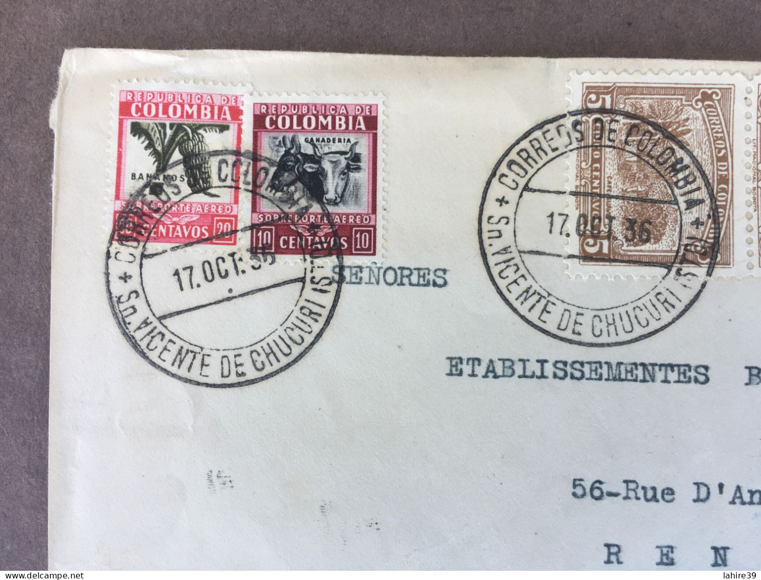 Enveloppe Timbrée / Par Avion / Colombie / Pour Rennes / Ets Bruchet / 1936 - Colombie