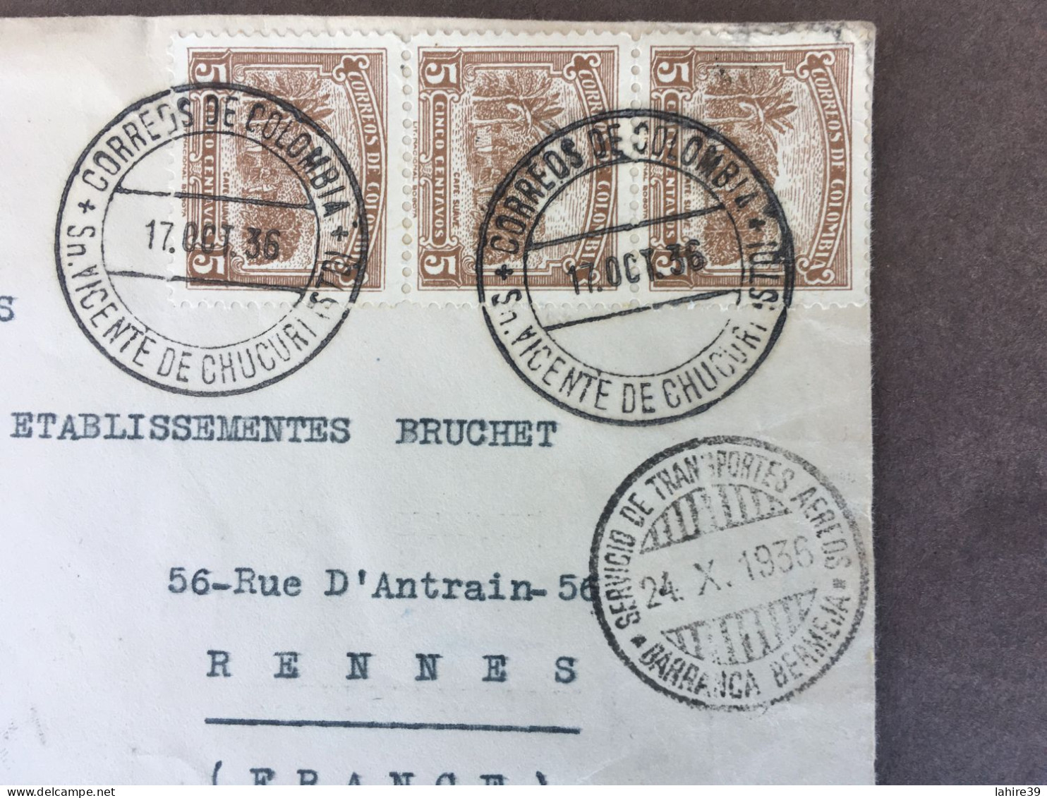 Enveloppe Timbrée / Par Avion / Colombie / Pour Rennes / Ets Bruchet / 1936 - Kolumbien