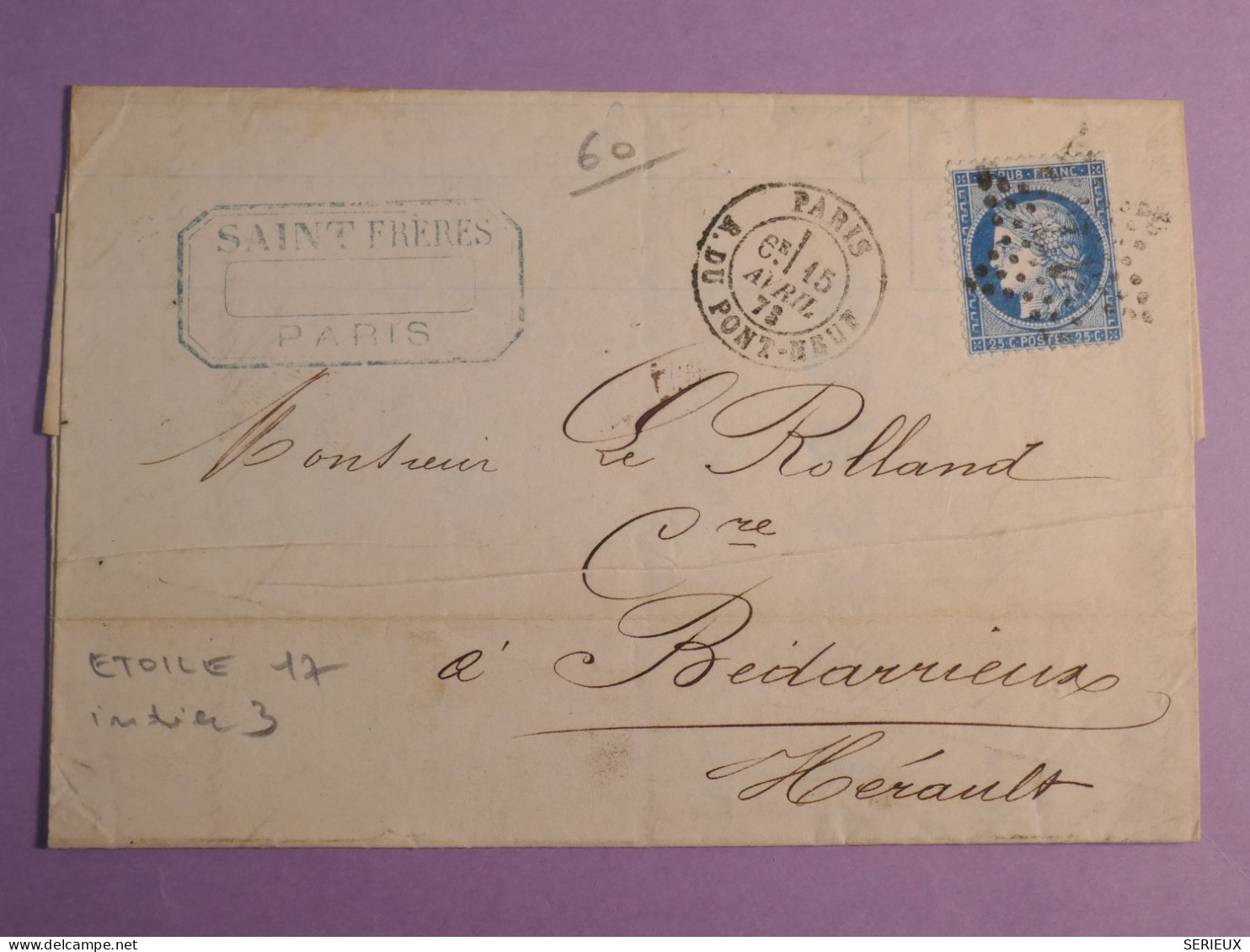 DO 9  FRANCE  LETTRE   1873 ETOILE DE PARIS N° 17 A BIDARIERE  +N° 60 + AFF. INTERESSANT++ - 1849-1876: Classic Period