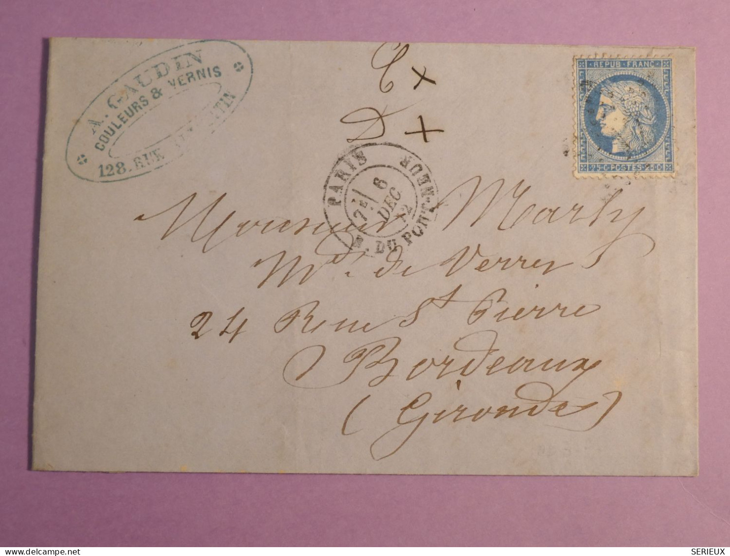 DO 9  FRANCE  LETTRE   1872 ETOILE DE PARIS N° 17 A BORDEAUX   +N° 60 + AFF. INTERESSANT++ - 1849-1876: Klassik