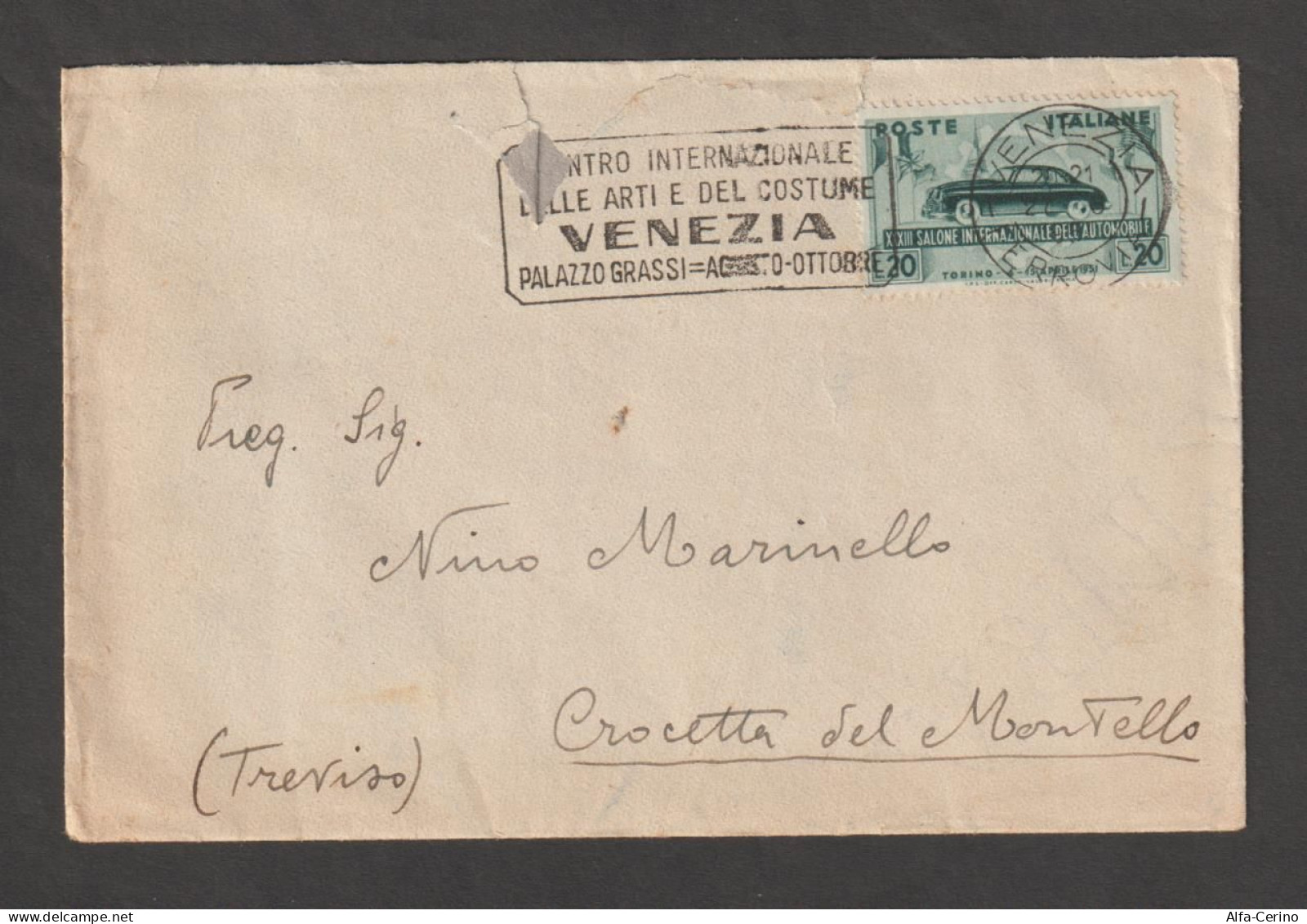 REPUBBLICA: 1951  SALONE  DELL' AUTOMOBILE  £. 20 ( 655)  SU  LETTERA  IN  TARIFFA  DA  VENEZIA. - 1946-60: Marcophilie