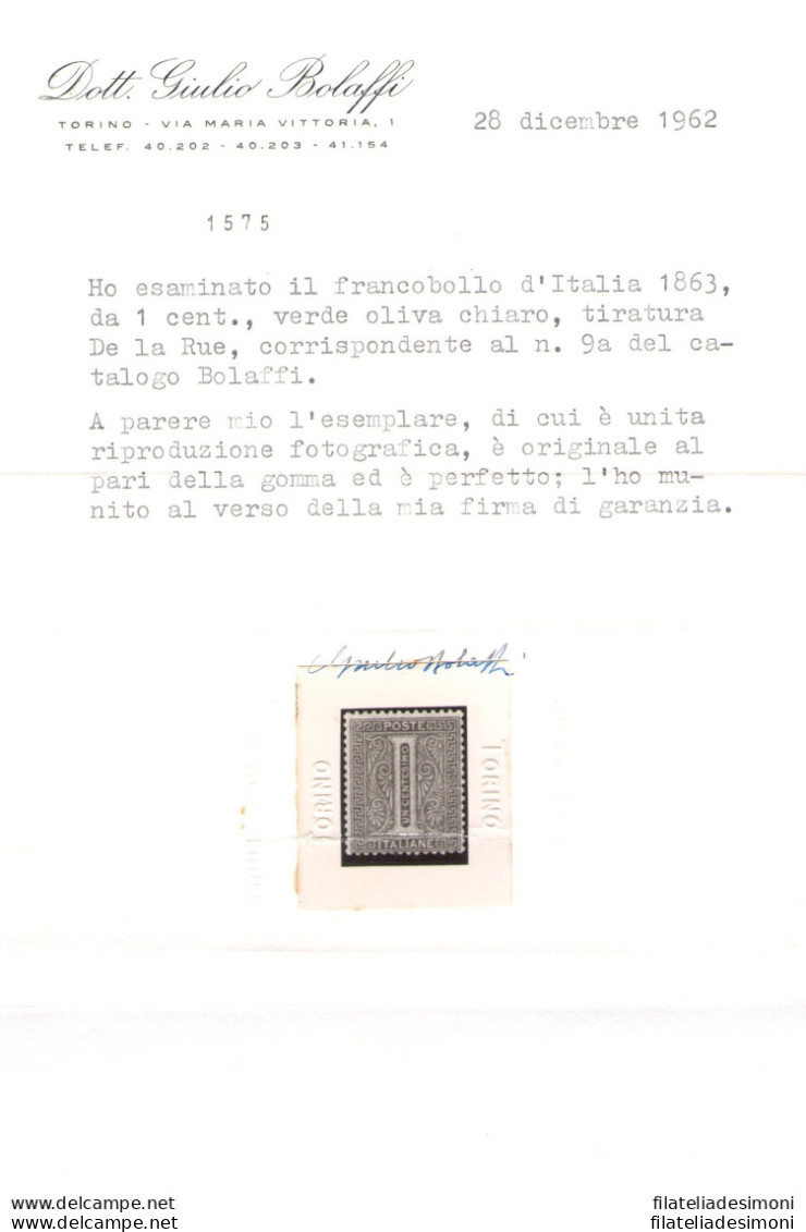 1863 Regno Di Italia , 1 Cent. Verde Grigio Chiaro , N° L14 , Tiratura De La Rue , MNH** - Certificato Storico Giulio B - Other & Unclassified