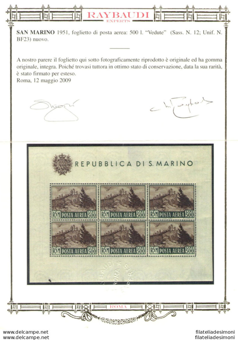 1951 SAN MARINO, Foglietto Veduta 500 Lire Bruno , N° 12 - Splendido Senza Pieghe - MNH** Certificato Raybaudi Oro - Blokken & Velletjes