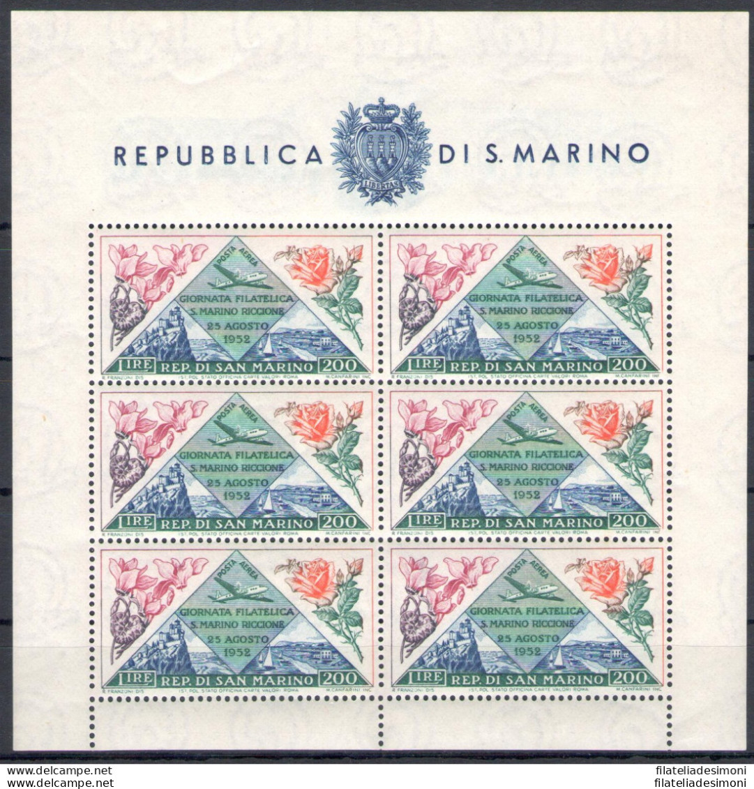 1952 SAN MARINO, Foglietto Giornata Filatelica San Marino Riccione "Fiori" , BF 14 - Senza Pieghe - MNH** Certificato Fi - Blocks & Sheetlets