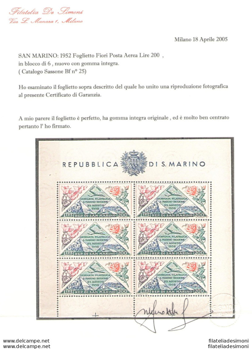 1952 SAN MARINO, Foglietto Giornata Filatelica San Marino Riccione "Fiori" , BF 14 - Senza Pieghe - MNH** Certificato Fi - Hojas Bloque