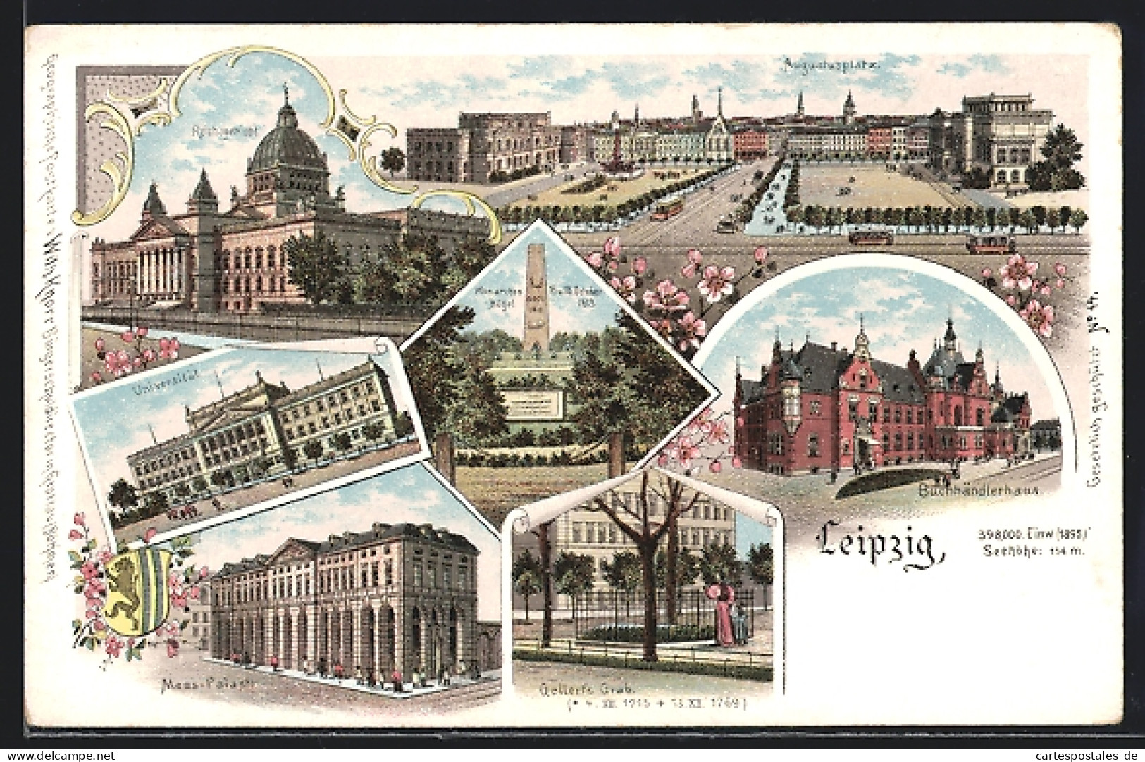 Lithographie Leipzig, Augustusplatz, Reichsgericht, Monarchen Hügel, Mess-Platz, Gellert`s Grab, Buchhändlerhaus  - Leipzig