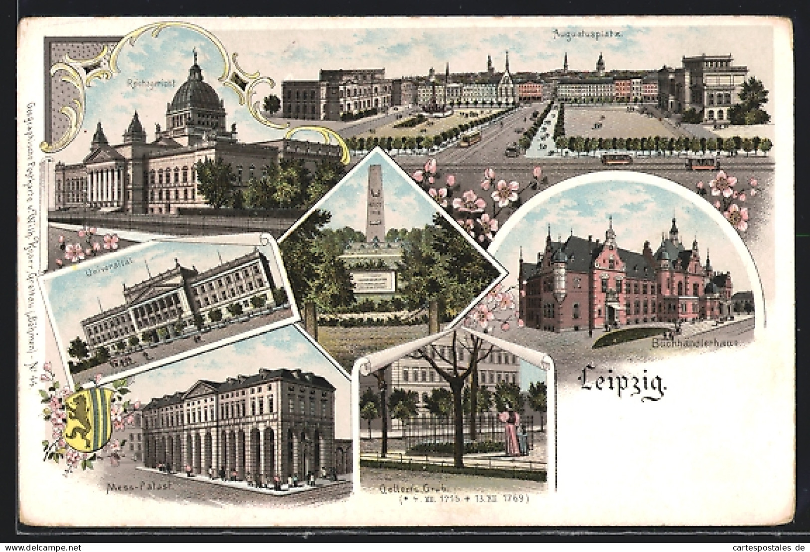 Lithographie Leipzig, Augustusplatz Mit Strassenbahn, Universität, Mess-Palast, Buchhändlerhaus  - Leipzig