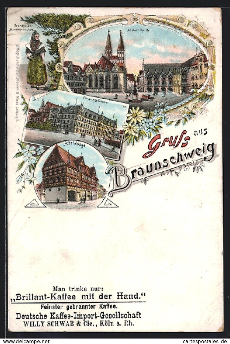 Lithographie Braunschweig, Altstadt-Markt, Finanzgebäude, Alte Waage  - Braunschweig