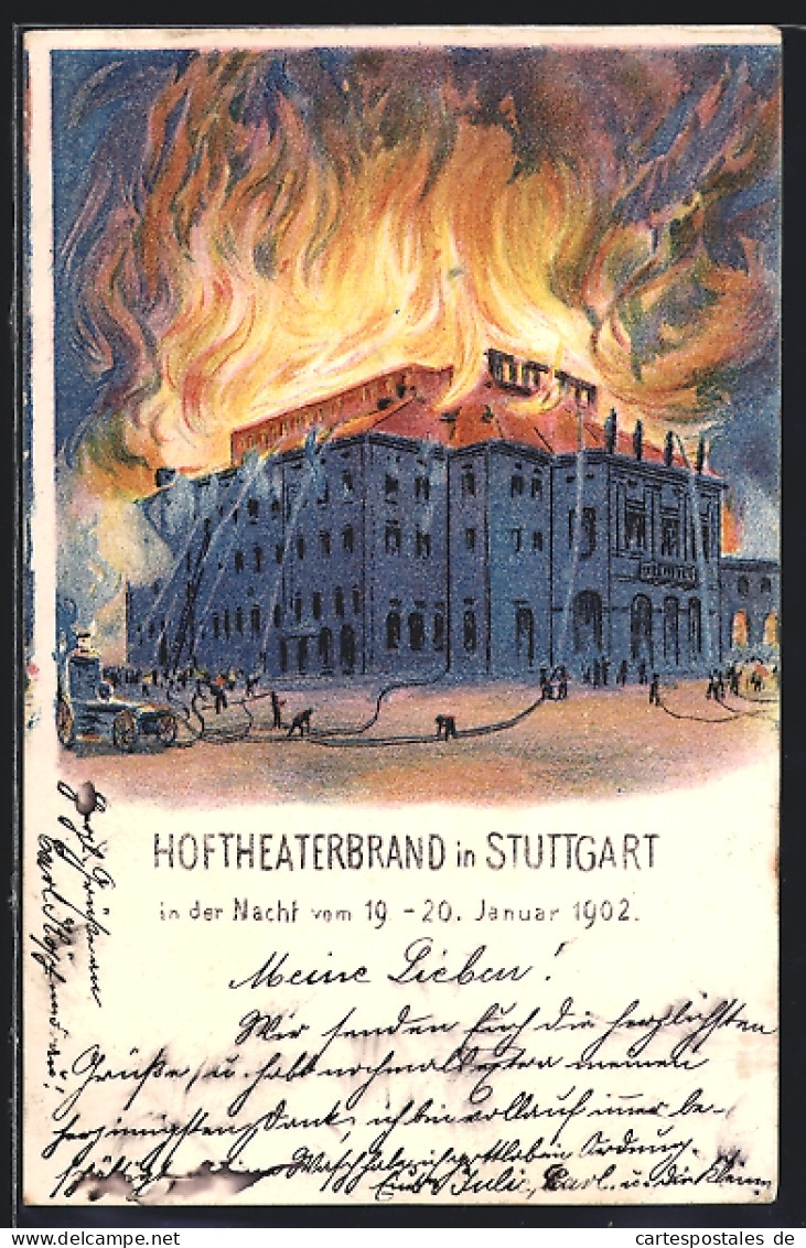 Künstler-AK Stuttgart, Brand Des Hoftheaters In Der Nacht Vom 19. - 20.1.1902  - Disasters
