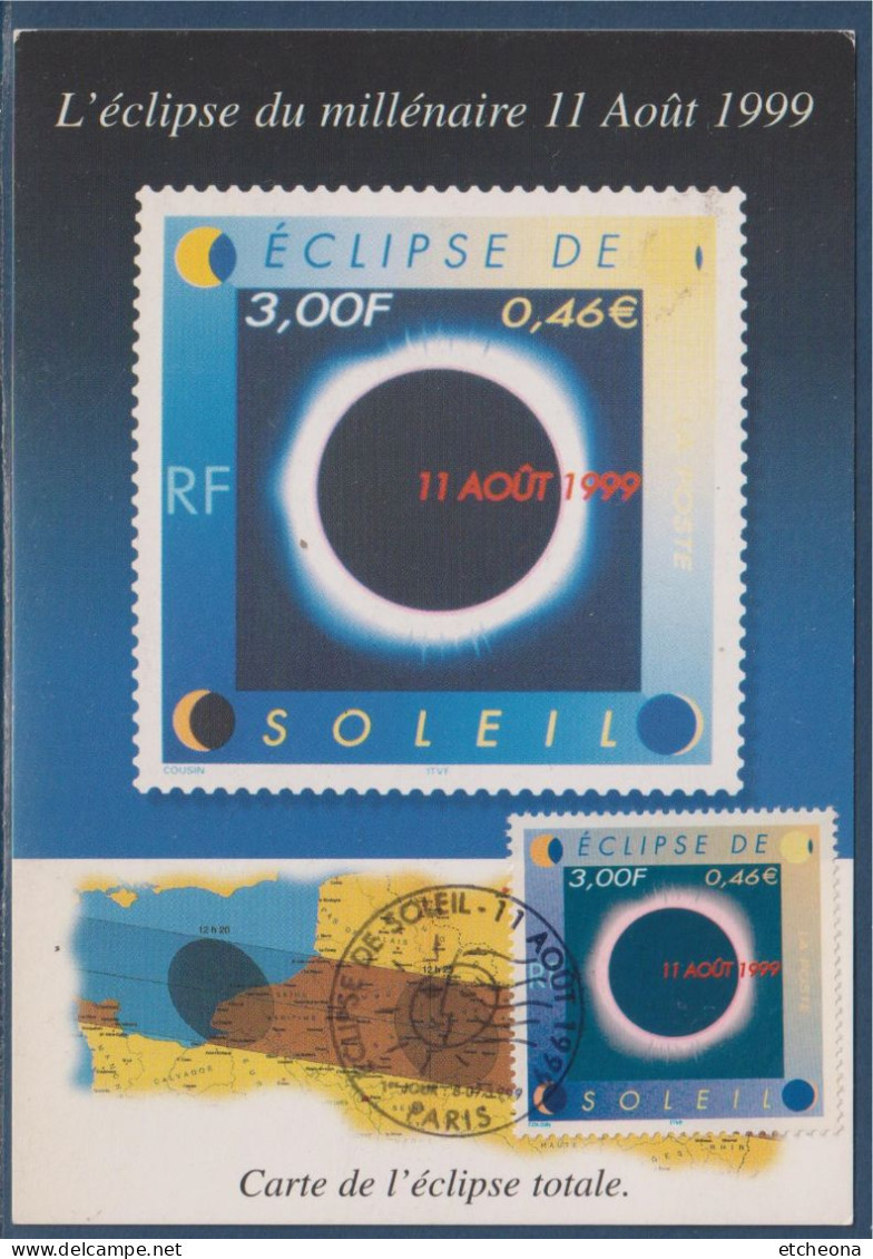 L'éclipse De Soleil Du Millénaire Le 11 Août 1999 Carte Postale 1er Jour Paris 8.7.99 N°3261 - 1990-1999
