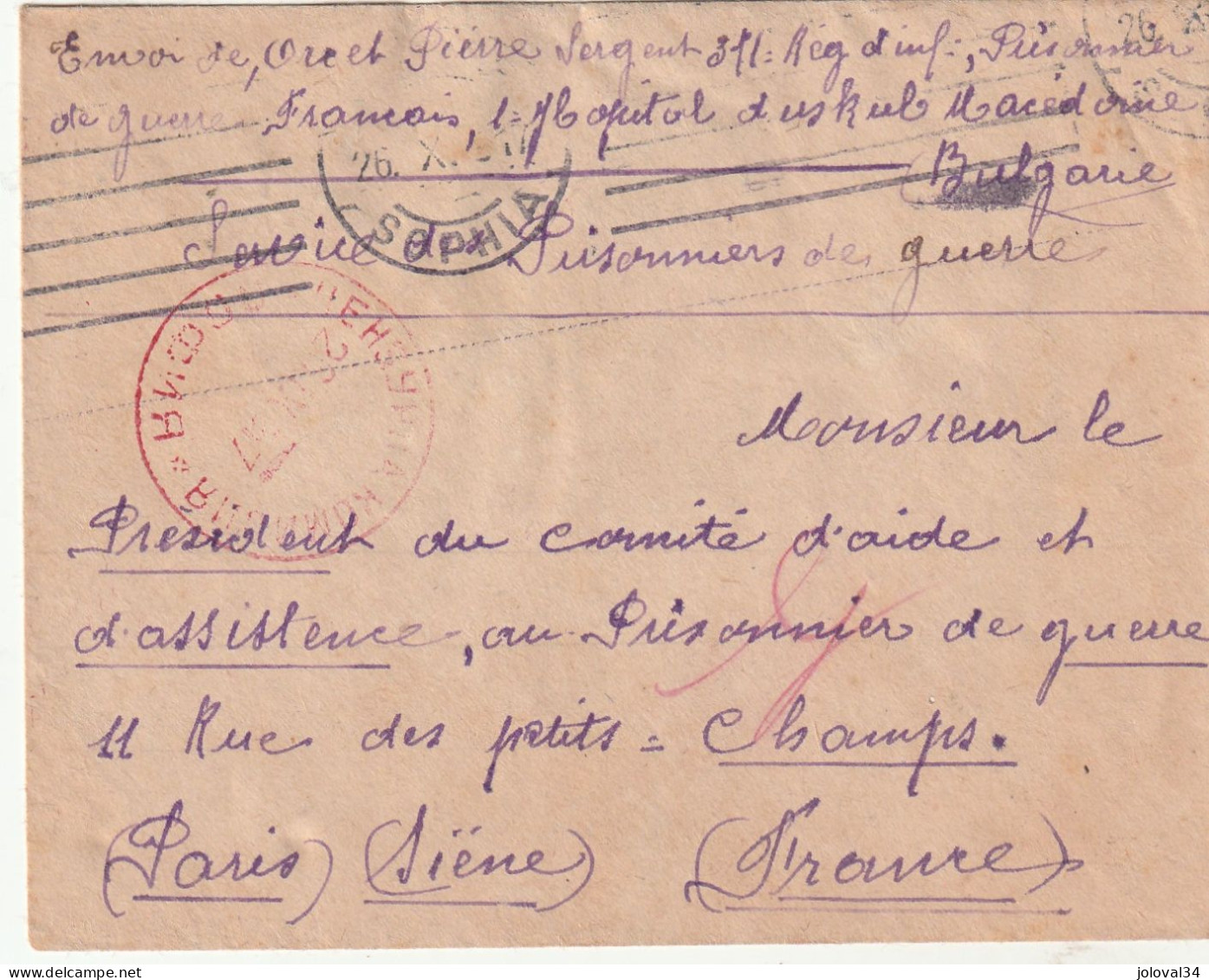 Prisonnier De Guerre Macédoine Bulgarie Censure Enveloppe 28/9/1917 Enveloppe Pour Comité Aide Assistance Paris France - WW1