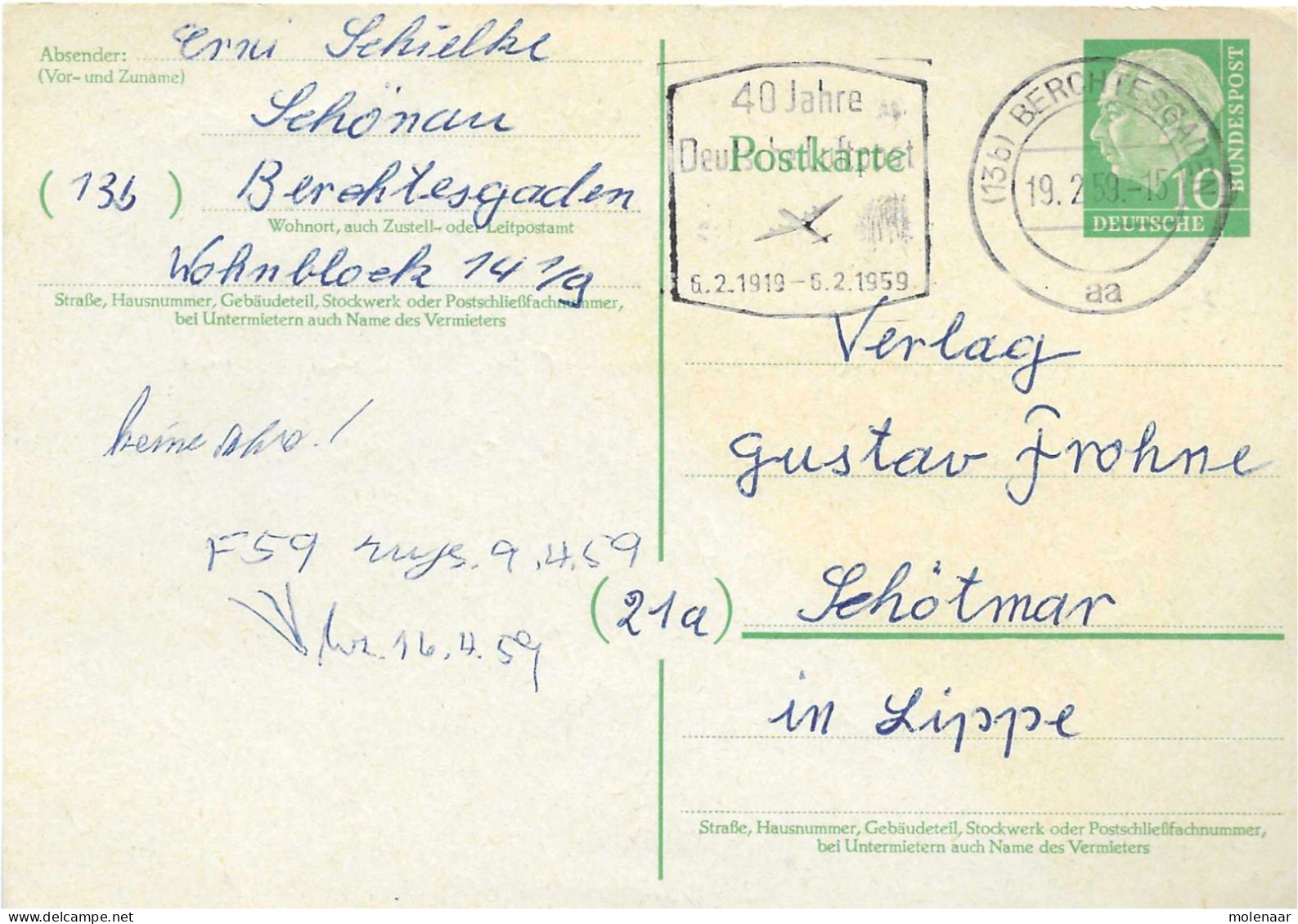 Postzegels > Europa > Duitsland > West-Duitsland > Postwaardestukken > 94) Gebruikt  10pfg Groen T. Heuss (17394) - Cartes Postales - Oblitérées