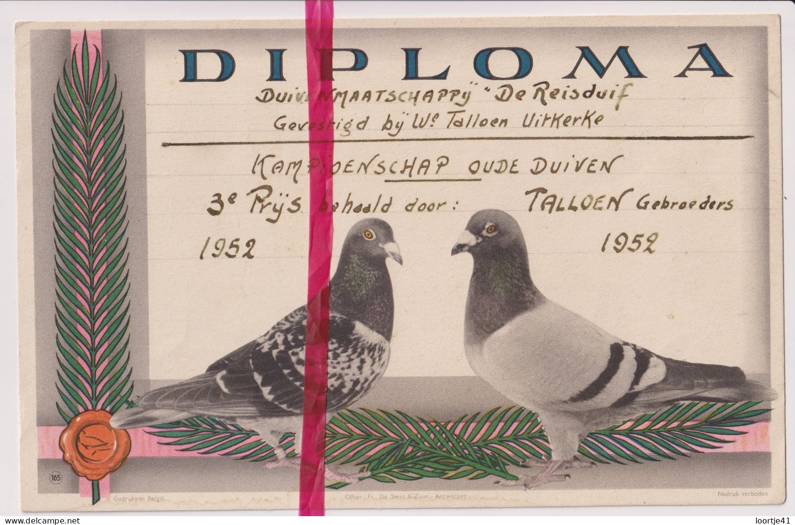 Diploma Duiven 3° Prijs Talloen Gebrs - Uitkerke 1952 - Maatschappij De Reisduif - Diplômes & Bulletins Scolaires