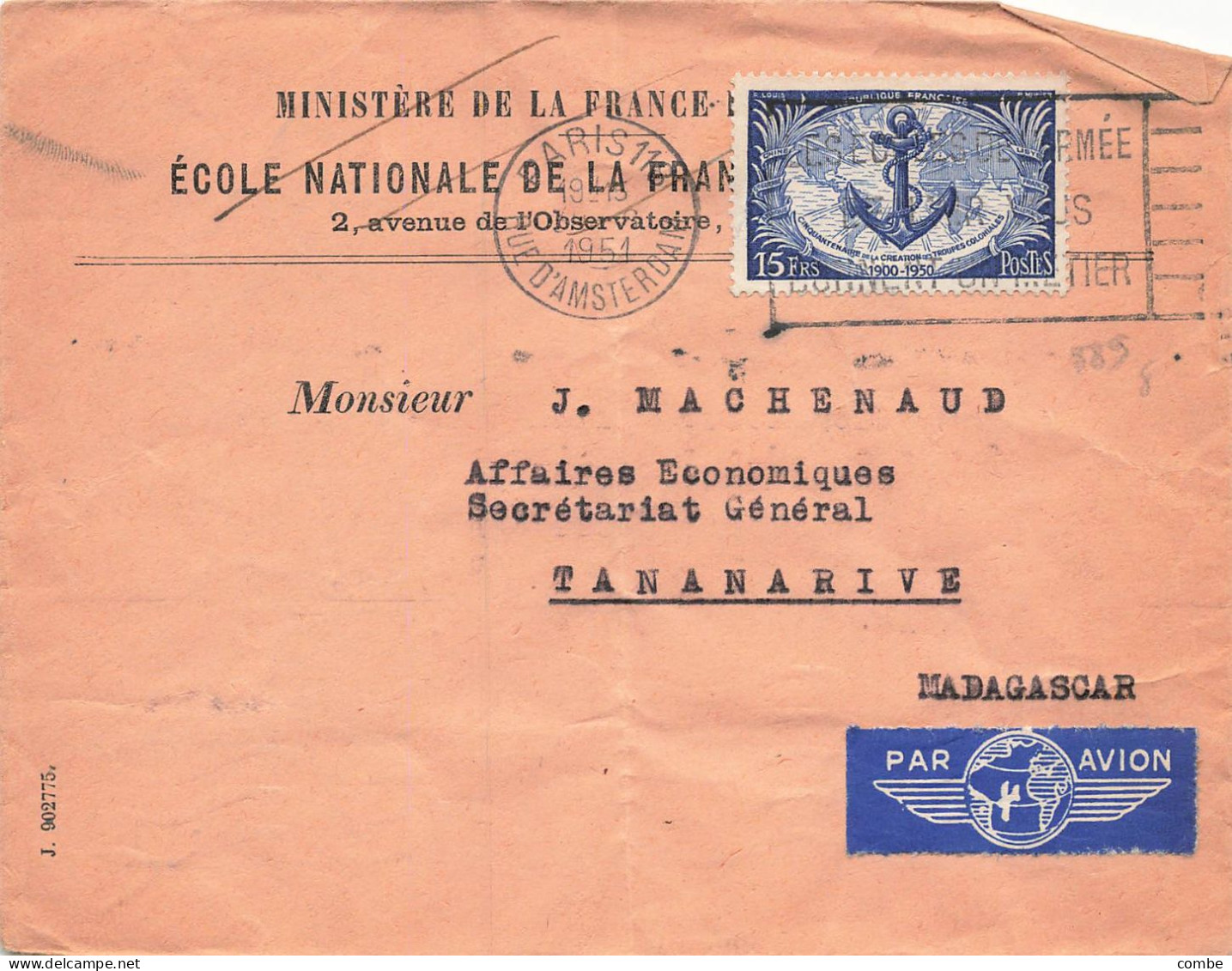FRANCE. SEUL SUR LETTRE. N° 889. TROUPES COLONIALES. ETRANGER. MADAGASCAR - 1921-1960: Periodo Moderno