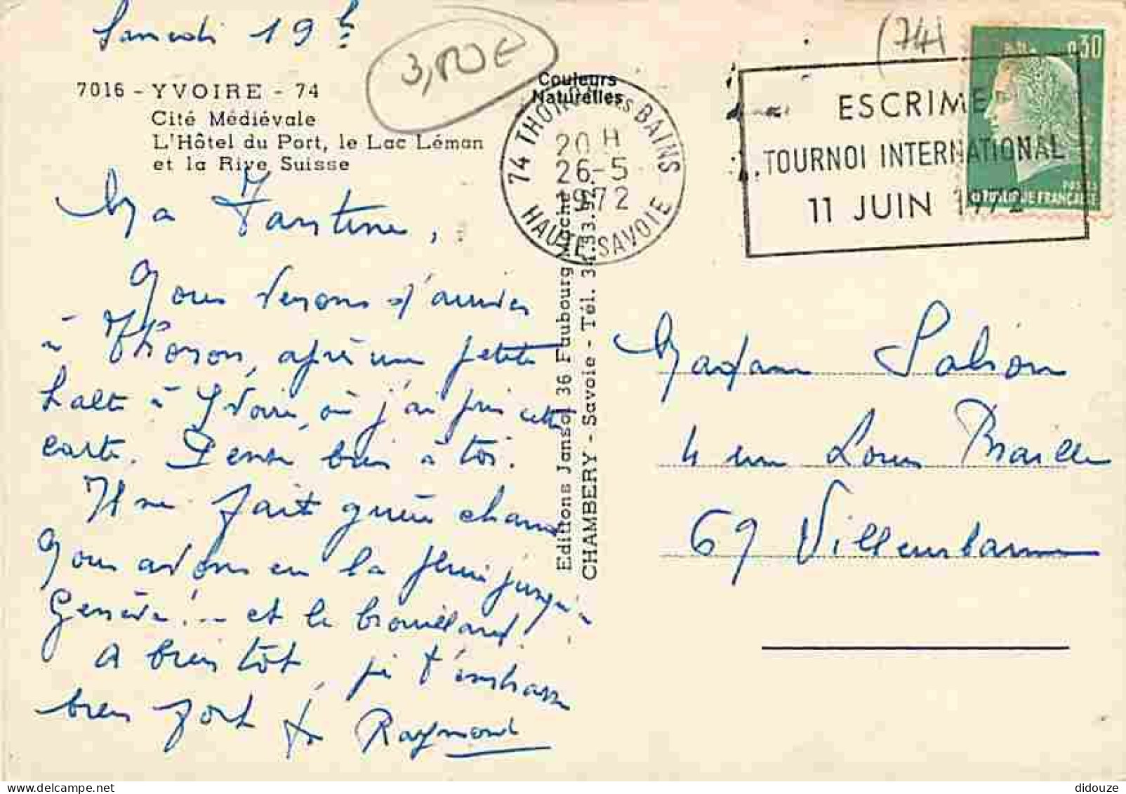 Automobiles - Yvoire - L'Hotel Du Port - Le Lac Léman - La Rive Suisse - Flamme Postale Escrime 1972 - CPM - Voir Scans  - Passenger Cars