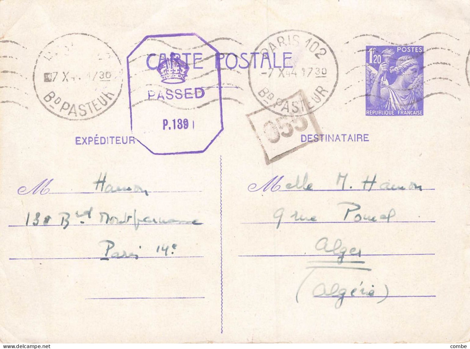 ENTIER IRIS 1,20Fr. 7 OCT 1944. PARIS POUR ALGERIE. CENSURE ANGLAISE. 055 - Standaardpostkaarten En TSC (Voor 1995)