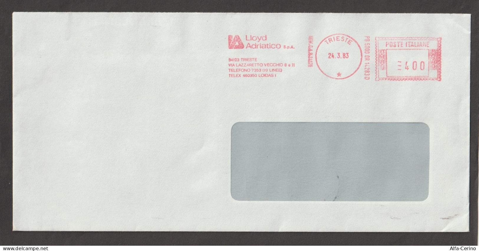 REPUBBLICA: 1983  DA  TRIESTE  IMPRONTA  ROSSA  "LLOYD  ADRIATICO"  €. 4,00  SU  BUSTA  COMMERCIALE. - 1981-90: Storia Postale