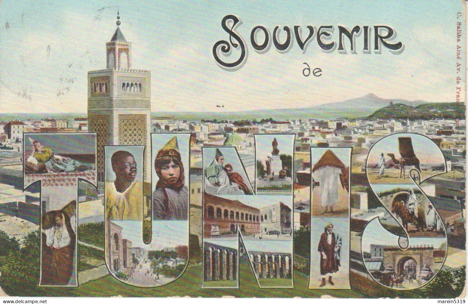 Souvenir De TUNIS " Color Carte Multivieuw 1909 - Timbre !!!!!!!!! - ( L ) - Tunisia