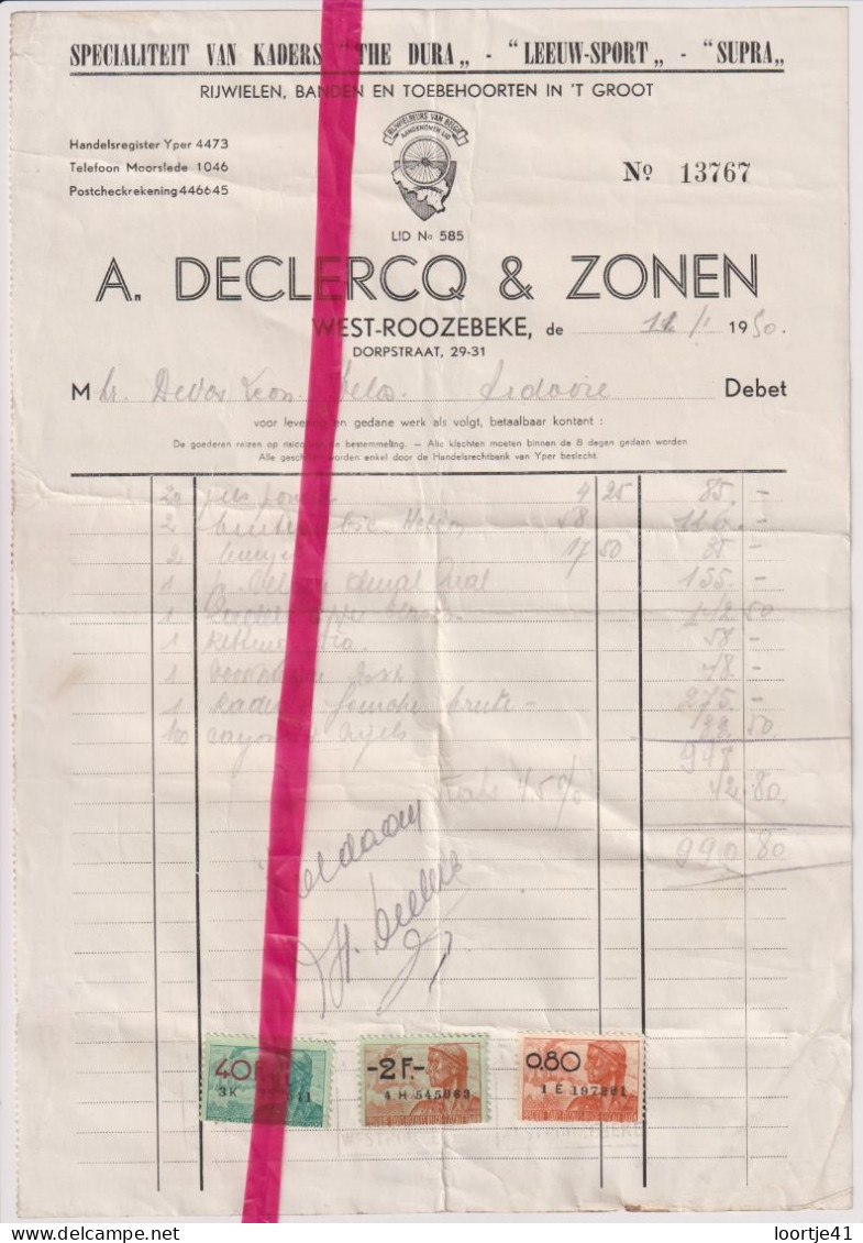 Factuur Facture - West Rozebeke - A. Declercg & Zonen - Rijwielen , Fietsen , Kaders - 1950 - Transportmiddelen