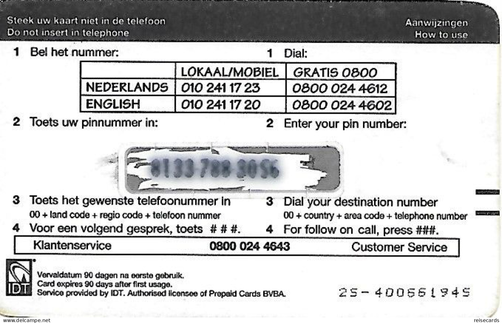 Netherlands: Prepaid IDT - Africa Kaart. Small Serial Number - GSM-Kaarten, Bijvulling & Vooraf Betaalde