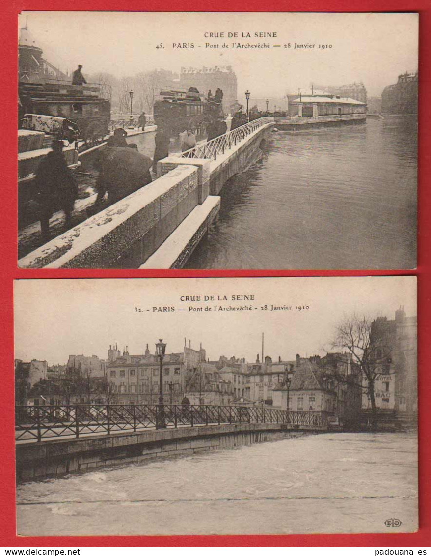 AE716  INNONDATIONS PARIS PONT DE L'ARCHEVECHE 28 JANVIER 1910 TRAMWAYS   HIPPOMOBILE ET PONT 2 CPA - Überschwemmung 1910