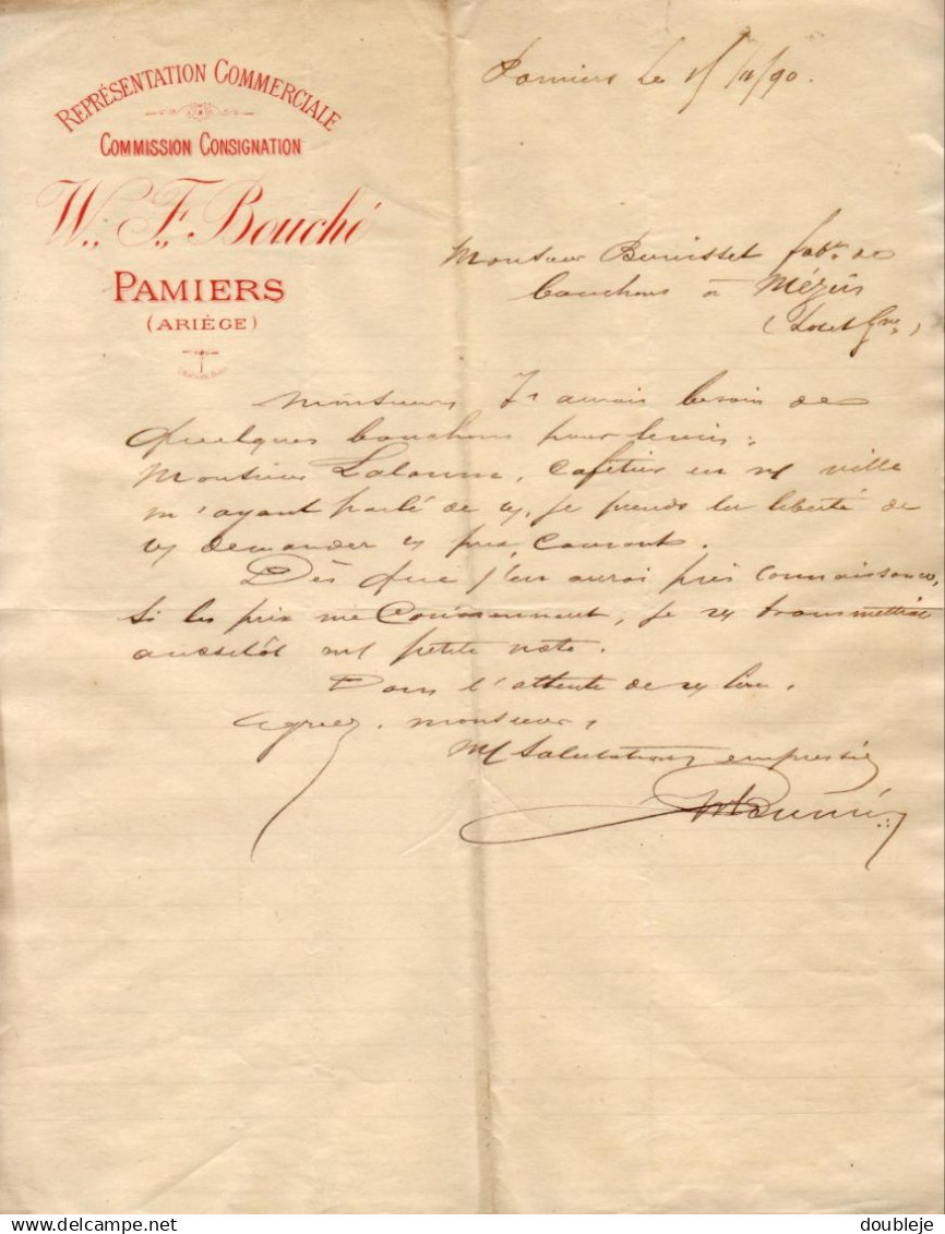 REPRESENTATION COMMERCIALE BOUCHE A PAMIERS  .......... CORRESPONDANCE COMMERCIALE DE 1890 - Otros & Sin Clasificación