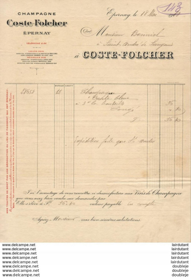 CHAMPAGNE COSTE FOLCHER A EPERNAY   .......... FACTURE DE 1910 - Other & Unclassified
