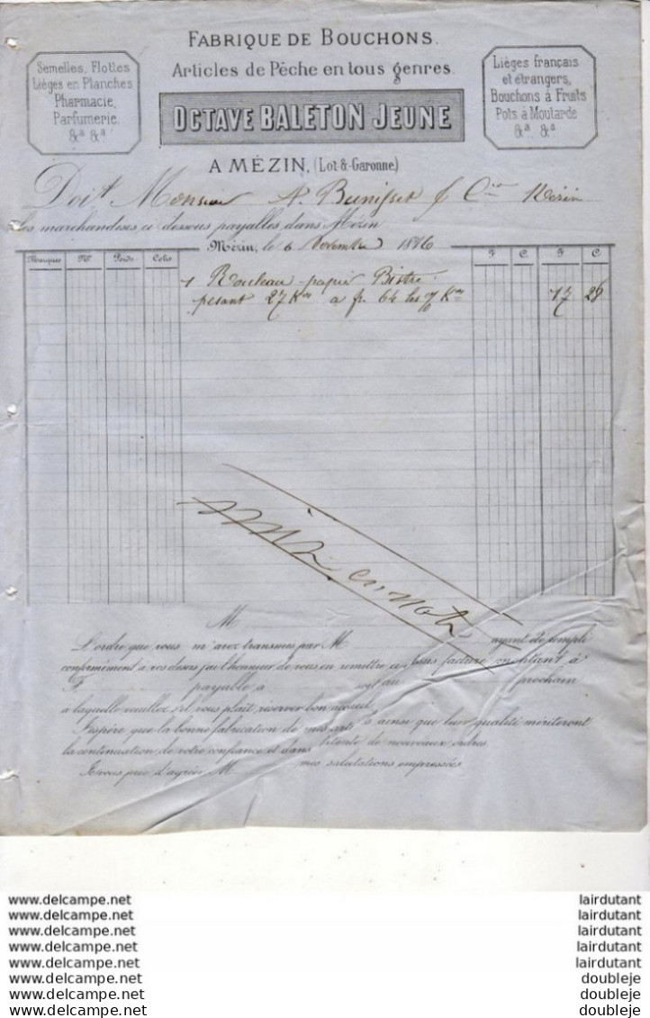 FABRIQUE DE BOUCHONS OCTAVE BALLETON JEUNE A MEZIN   .......... CORRESPONDANCE COMMERCIALE DE 1876 - Altri & Non Classificati