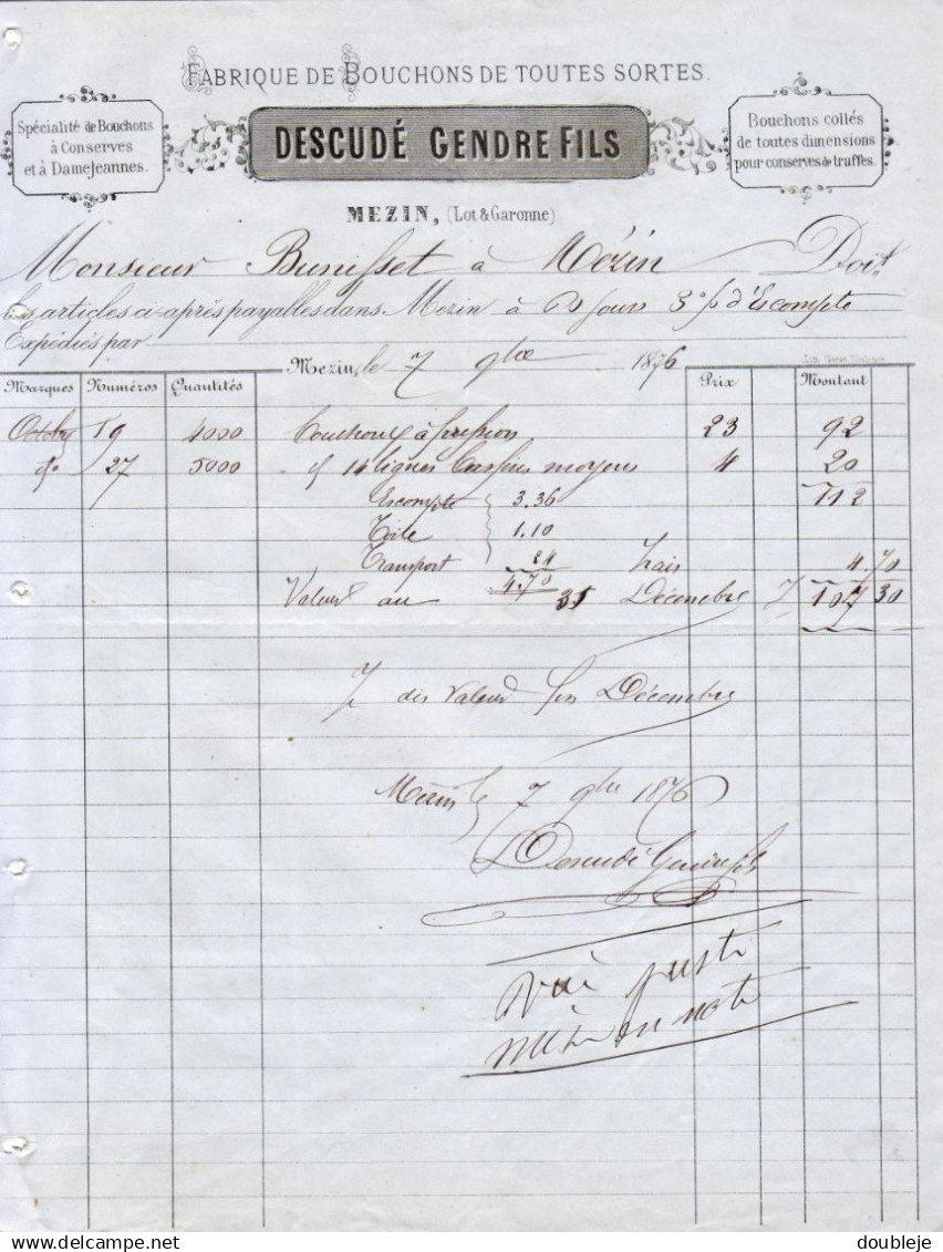 FABRIQUE DE BOUCHONS DESCUDE GENDRE A MEZIN   .......... CORRESPONDANCE COMMERCIALE DE 1876 - Sonstige & Ohne Zuordnung