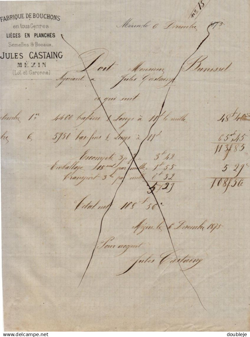 FABRIQUE DE BOUCHONS JULES CASTAING A MEZIN   .......... CORRESPONDANCE COMMERCIALE DE 1875 - Other & Unclassified