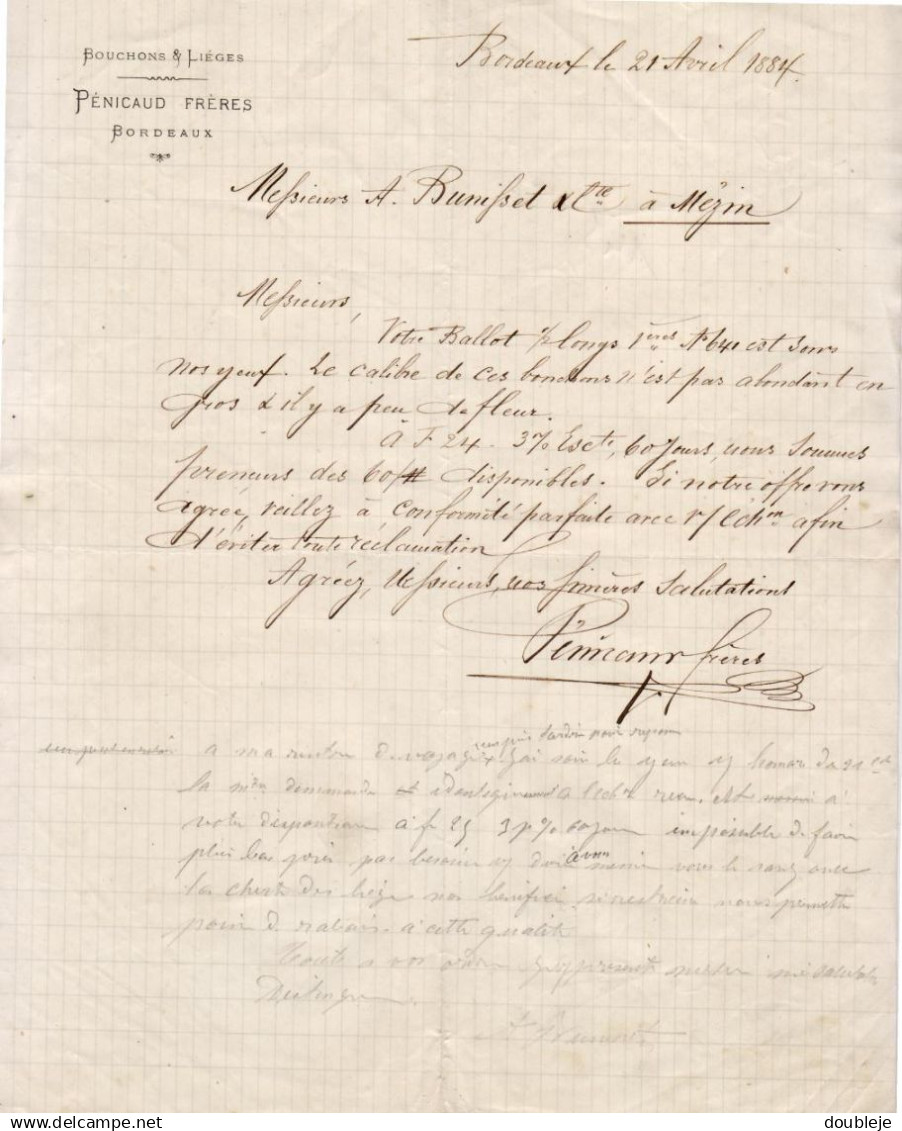 BOUCHONS ET LIEGES PENICAUD FRERES A BORDEAUX  .......... CORRESPONDANCE COMMERCIALE DE 1884 - Andere & Zonder Classificatie