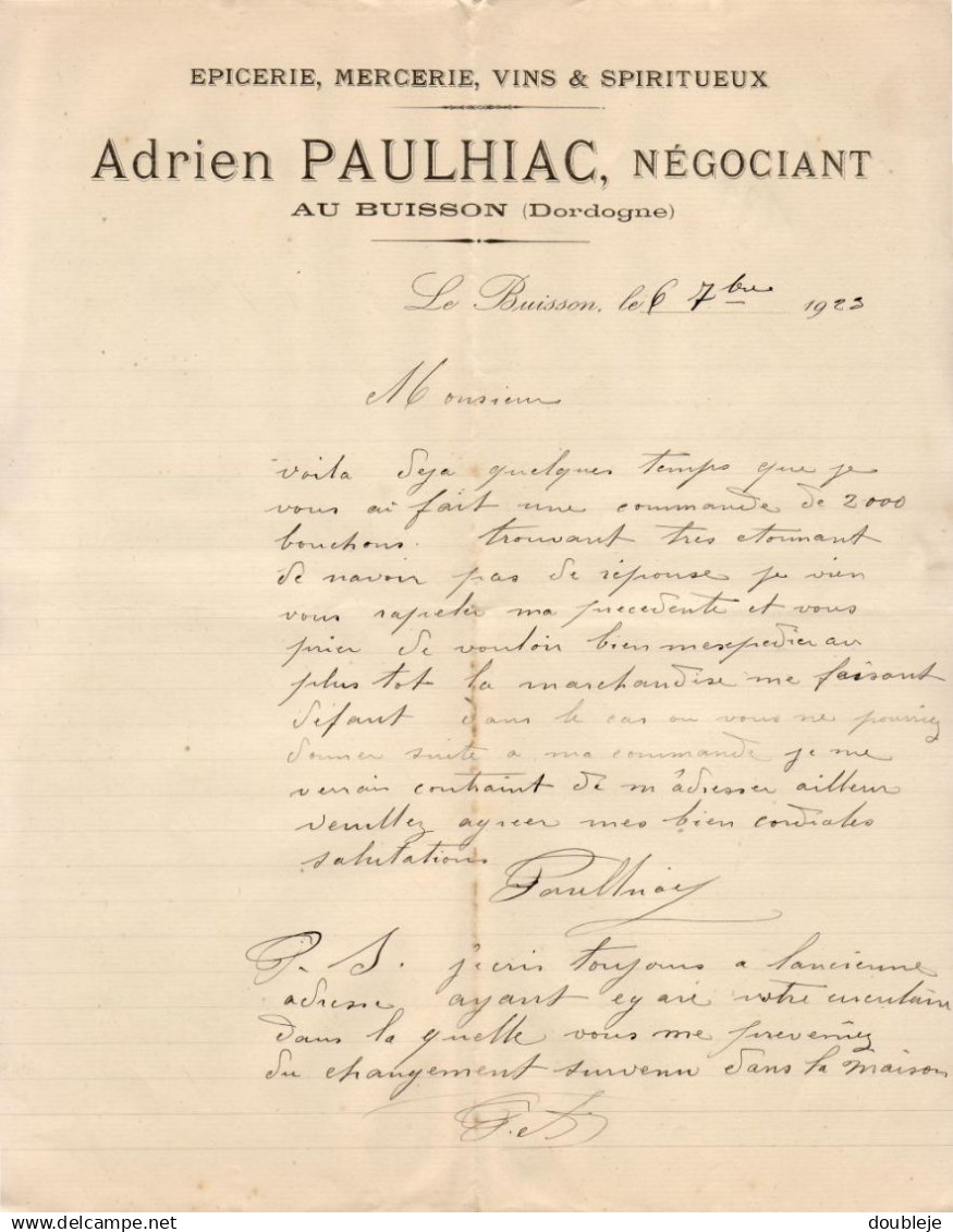 EPICERIE MERCERIE ADRIEN PAULHIAC AU BUISSON DORDOGNE   ......... CORRESPONDANCE COMMERCIALE De 1923 - Alimentaire